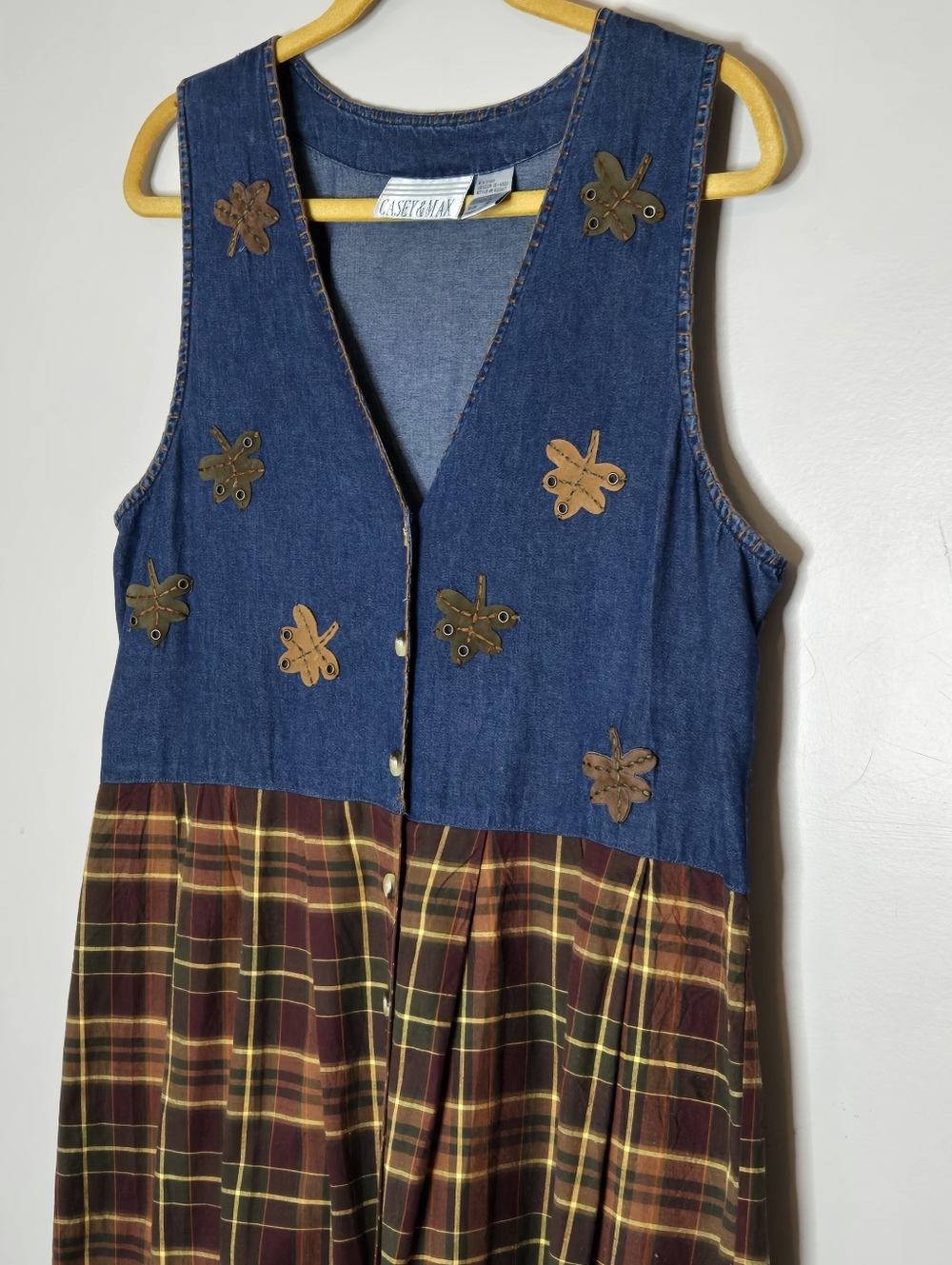 Vtg Casey & Max Denim Plaid Jumper Dress Medium Fall Leaf Embroidered Maxi 90s - Picture 5 of 8